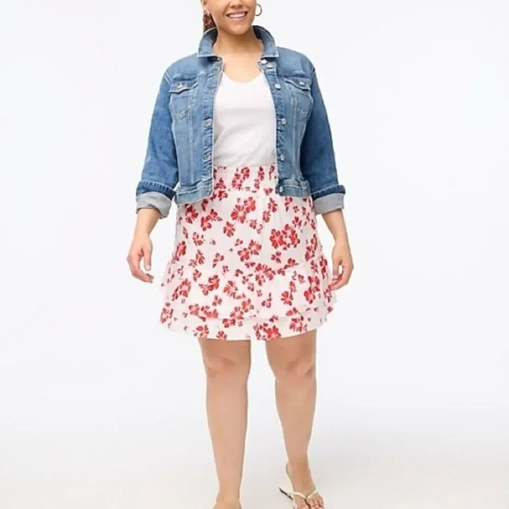 J. Crew Ruffle Smocked-Waist Mini Skirt in White Bright Cerise Red Floral 2X NWT