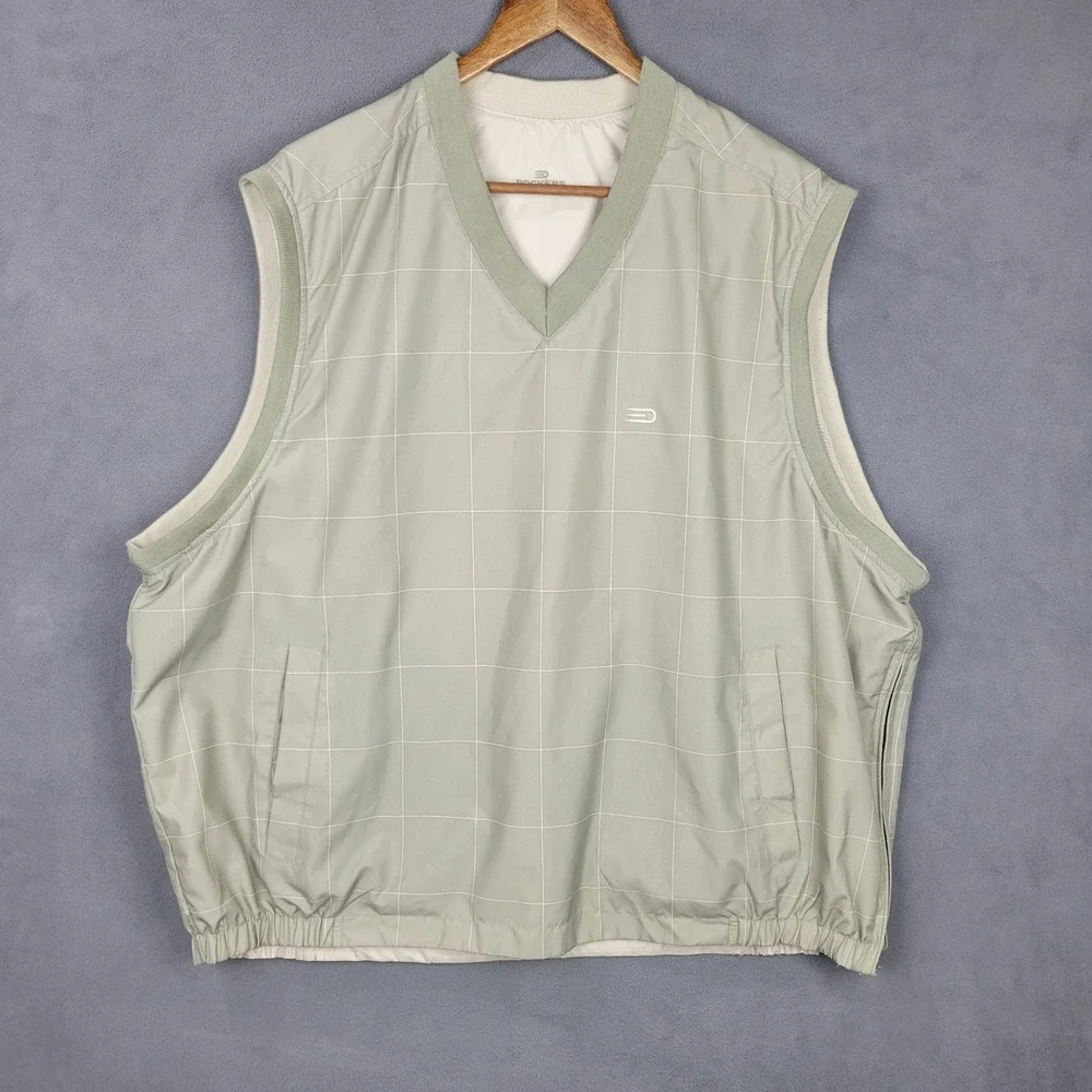 Dockers‎ Golf Windbreaker Vest Mens L Green Windowpane Plaid Lined Side Zipper