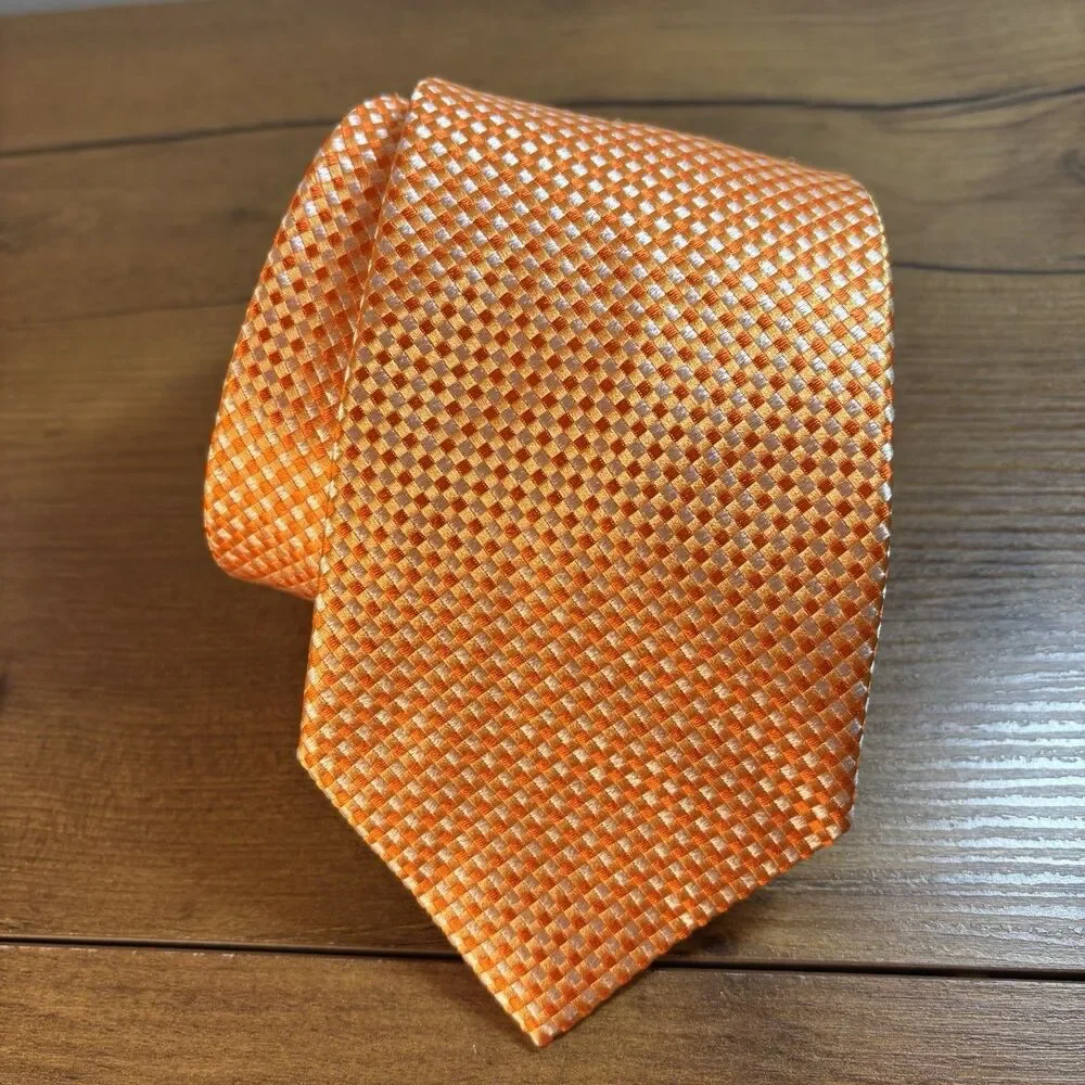 Andrew's Ties Milano Mens Silk Necktie Orange Silver Check Geometric Made Italy