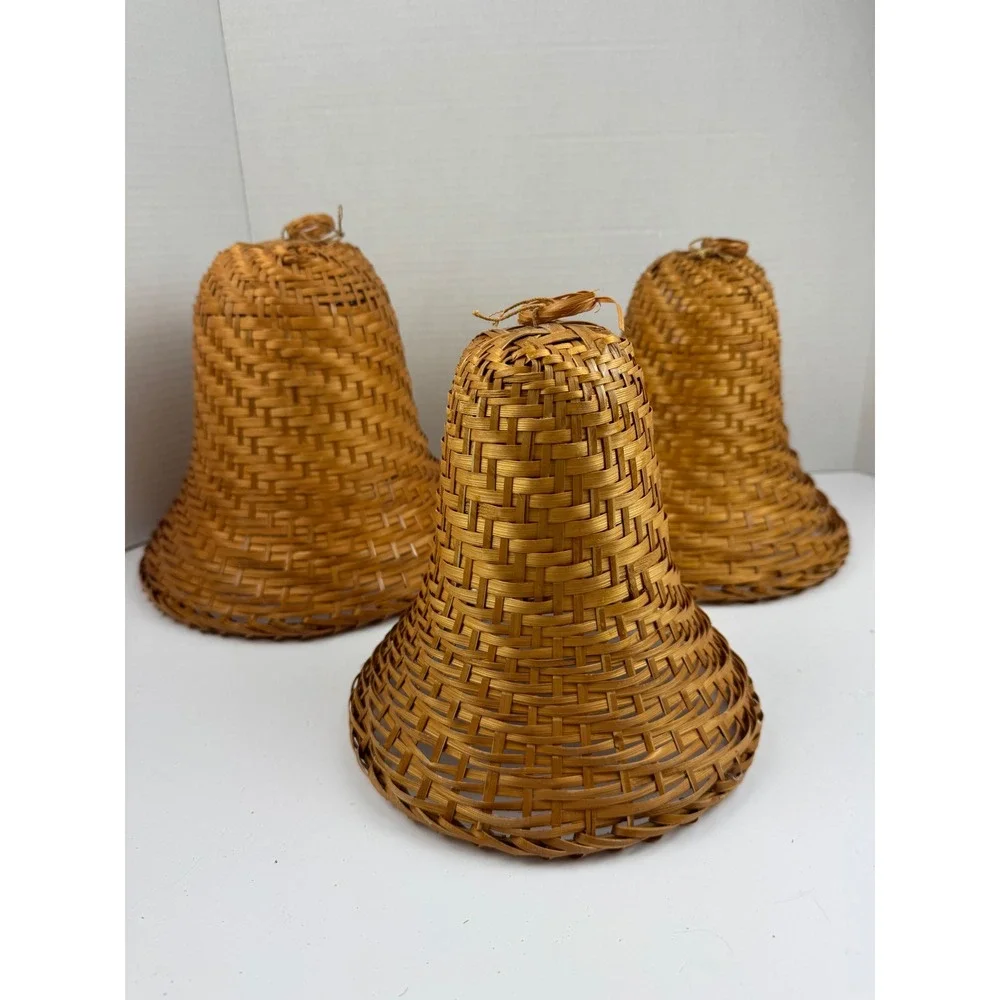 Vintage Wicker Bell Baskets Set of 3 Natural Rattan Christmas Decor 8 Inch