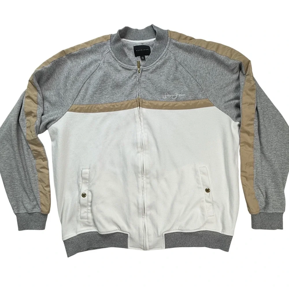 Sean John Mens 2XL Track Jacket Grey White Tan Colorblock Full Zip‎ Bomber Coat