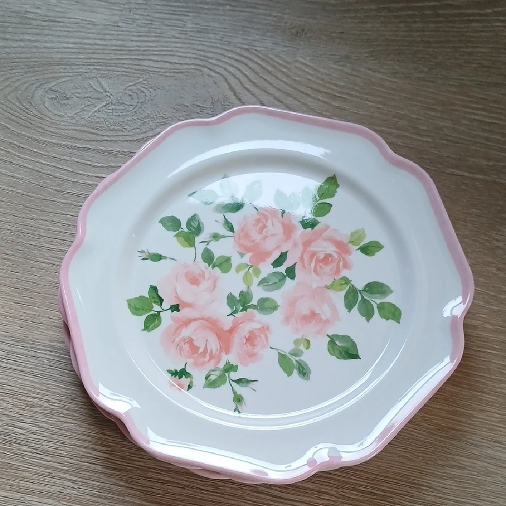 Set of 2 Laura Ashley Soft Pink Rose Melamine Salad Plate Scalloped Rim 9