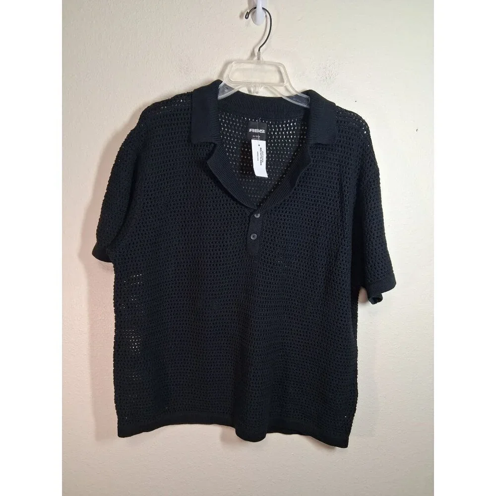 NWT RSQ Sweater Short Sleeve Open Knit Collared Black Men's Size XXL