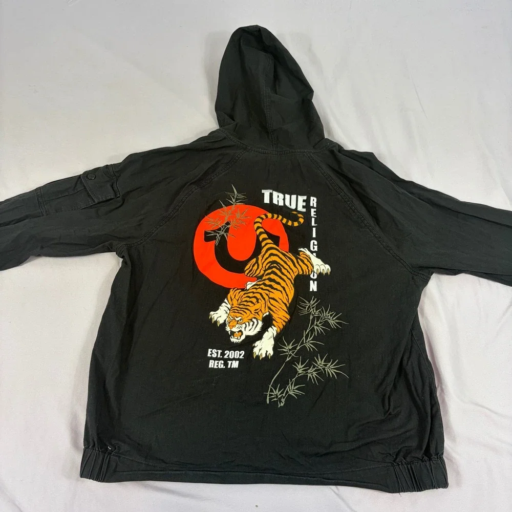 True Religion Men Hoodie Black Tiger Graphic XL Rare Streetwear McBling‎ Y2K