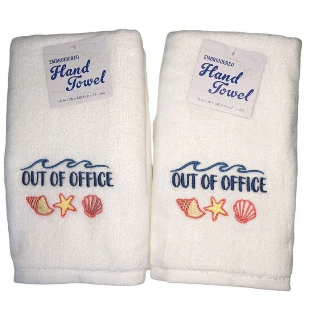 Shells Out Of Office Hand Towels Set of 2 Embroidered Bath Summer Beach House