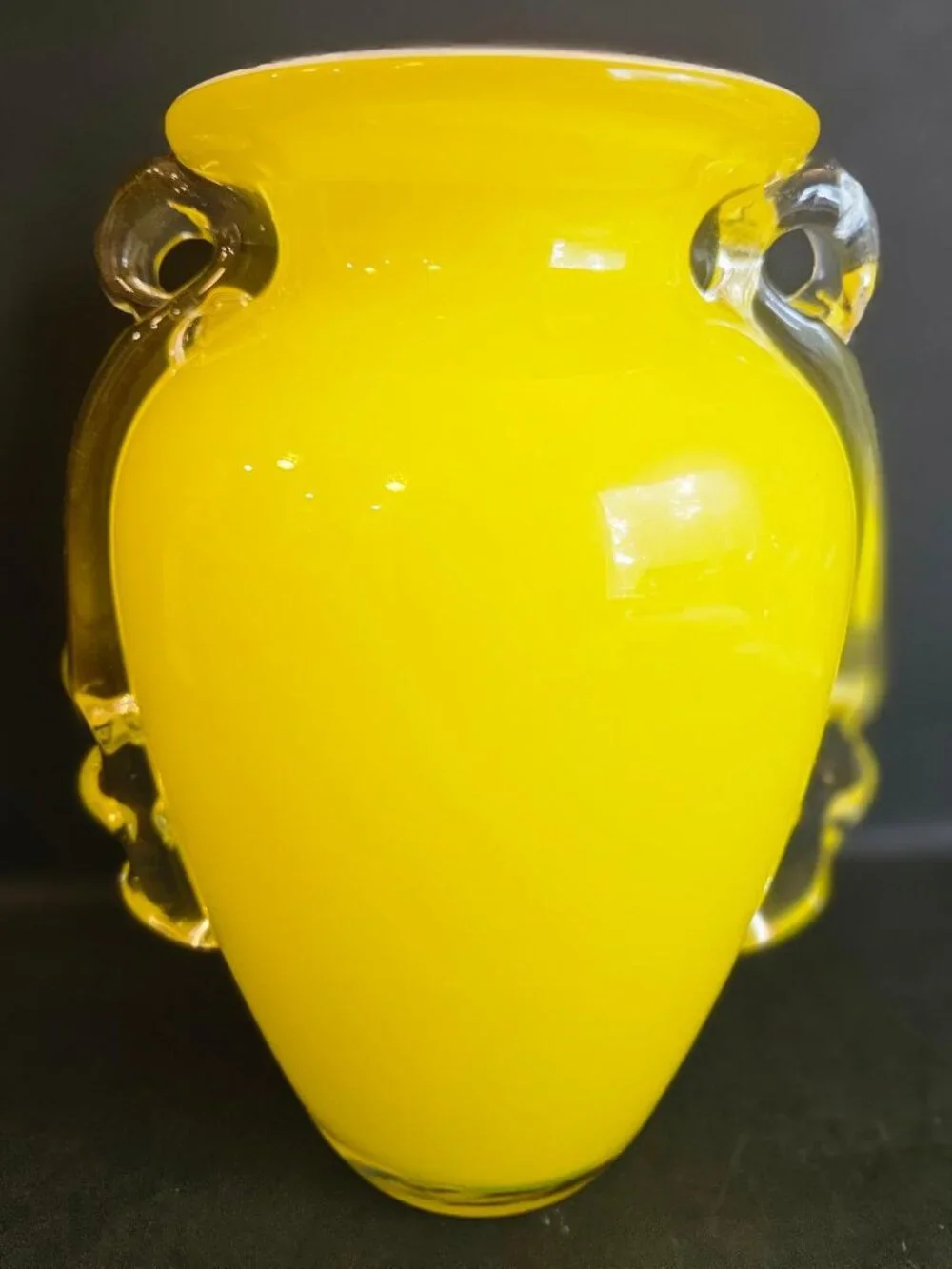 VTG lemon yellow hand blown art glass vase, clear glass handles, white interior