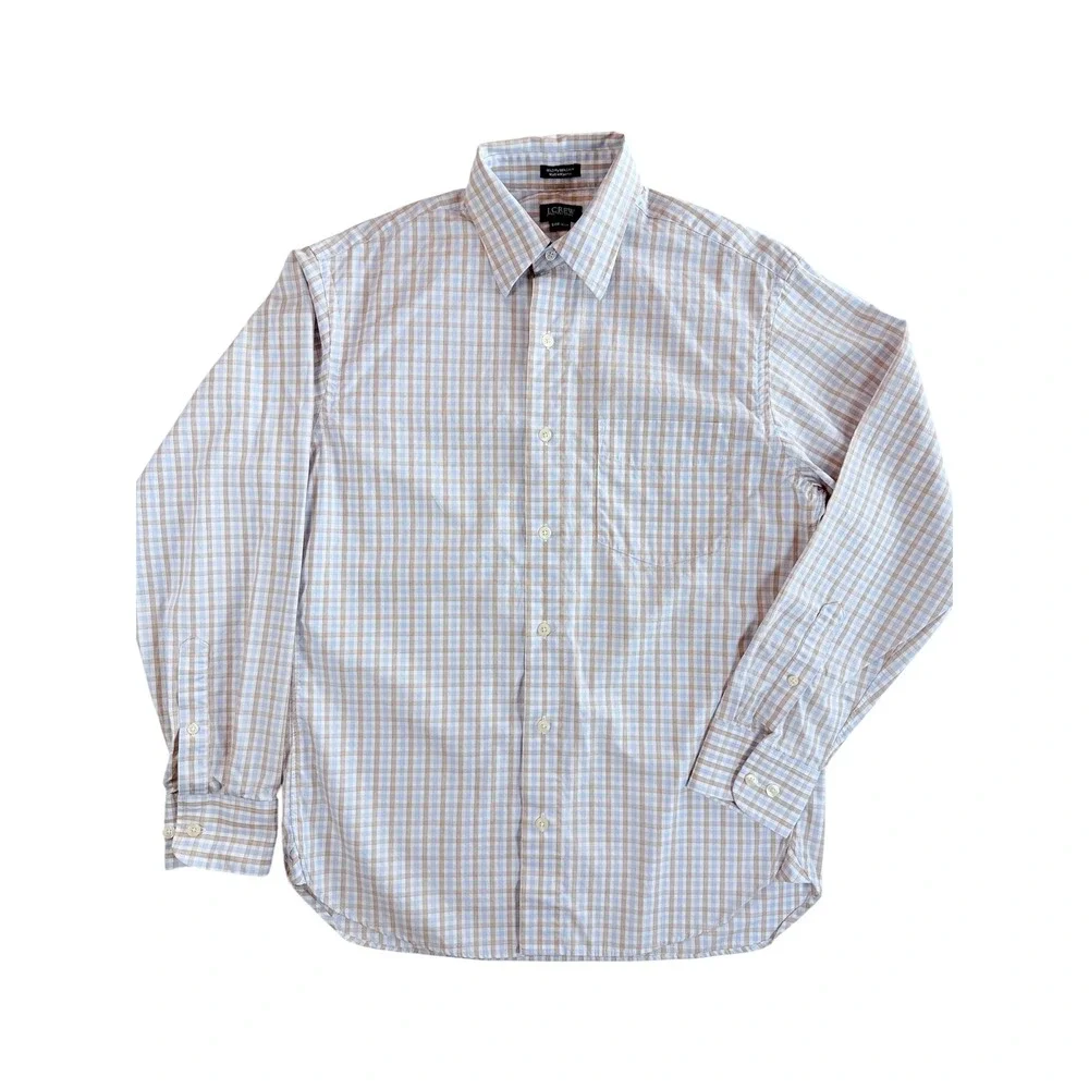 J.Crew Button‎ Down Shirt Mens S Tan Blue Plaid Long Sleeve Slim Fit
