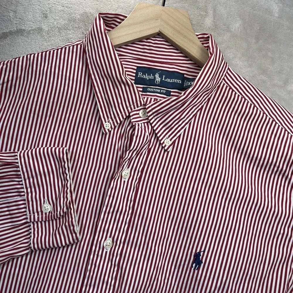 Ralph Lauren Mens XXL Custom Fit Striped Button Down Shirt Red Cotton