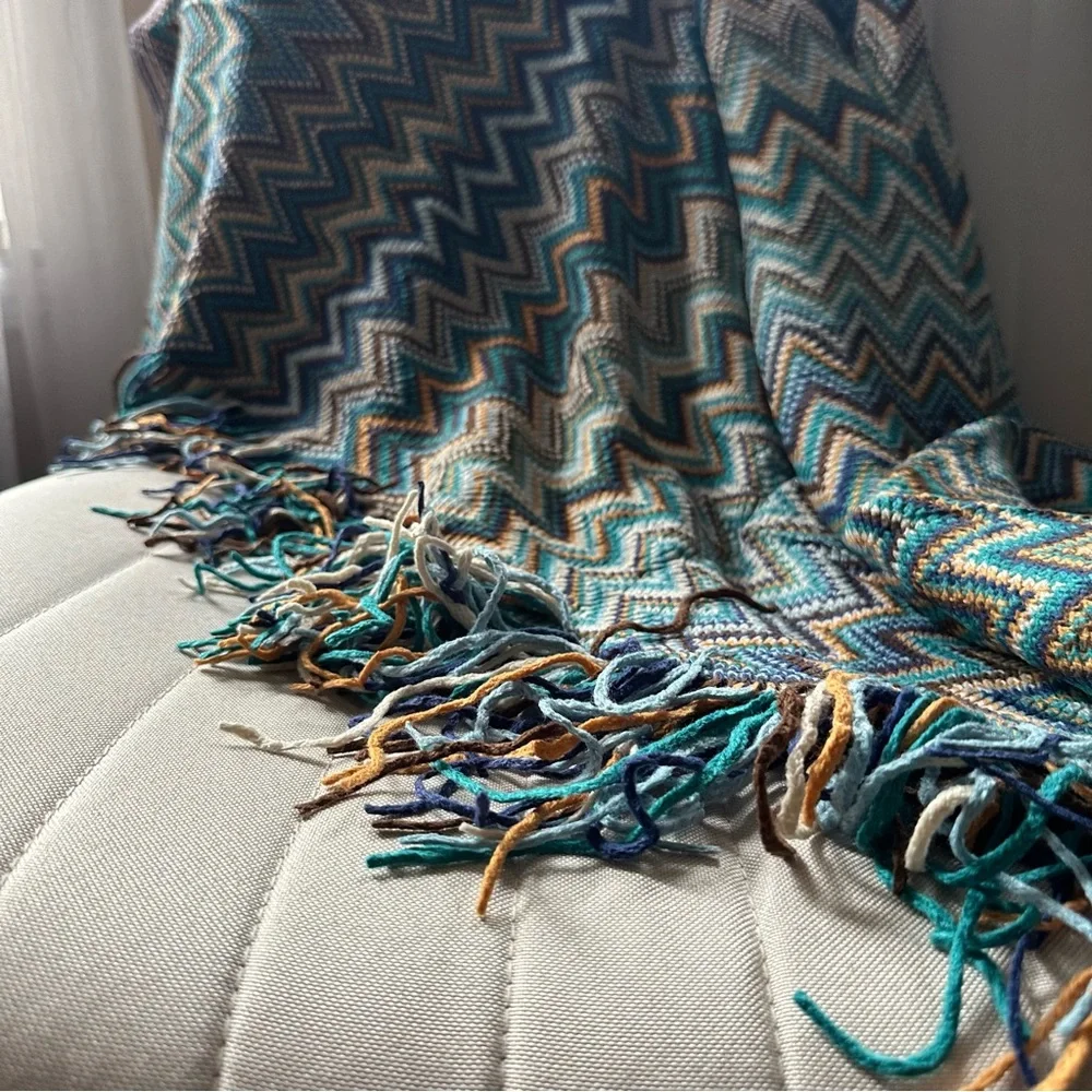 Lalifit Geometric Fringe Knit‎ Throw Blanket in Blue