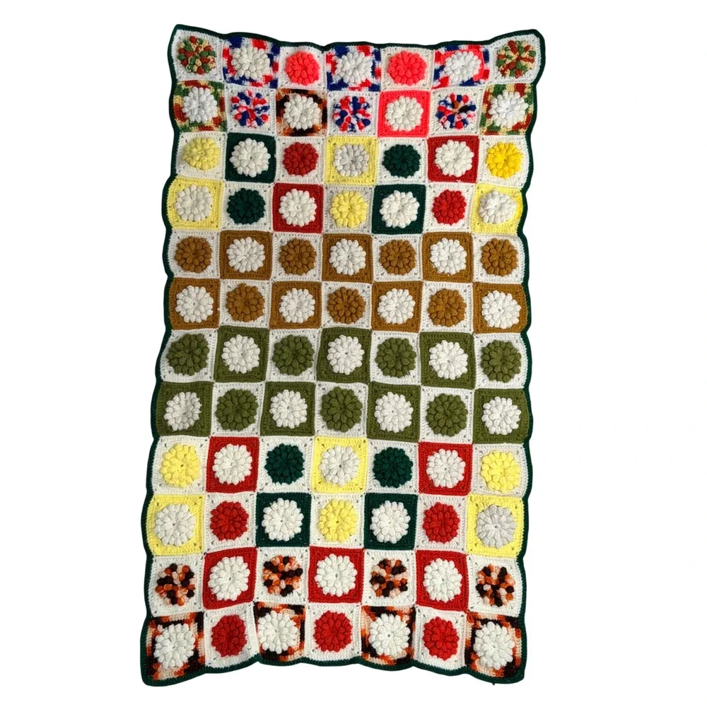 Handmade Crochet Granny Square Floral‎ Popcorn Stitch Afghan Blanket 32x51
