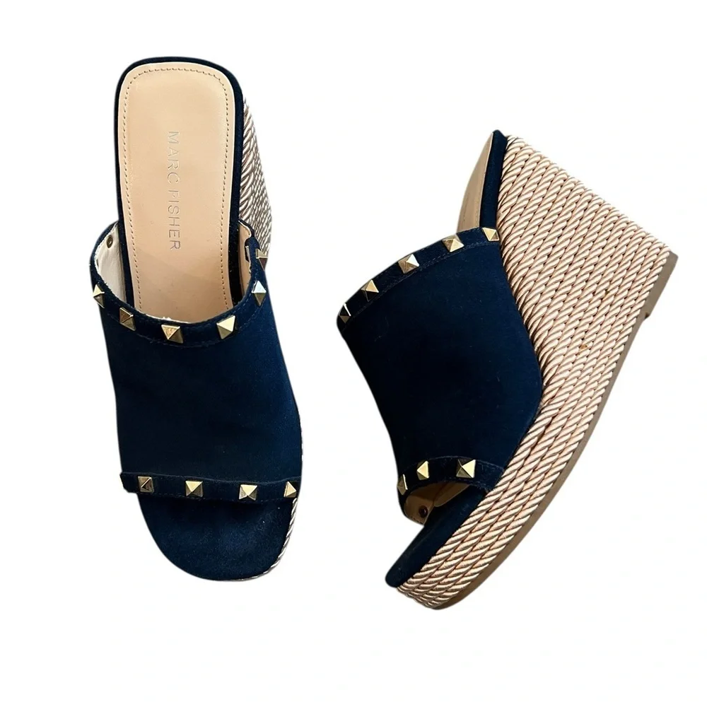 Marc Fisher Zyme2 blue Leather platform wedge sandal gold-tone studs Women’s‎ 8