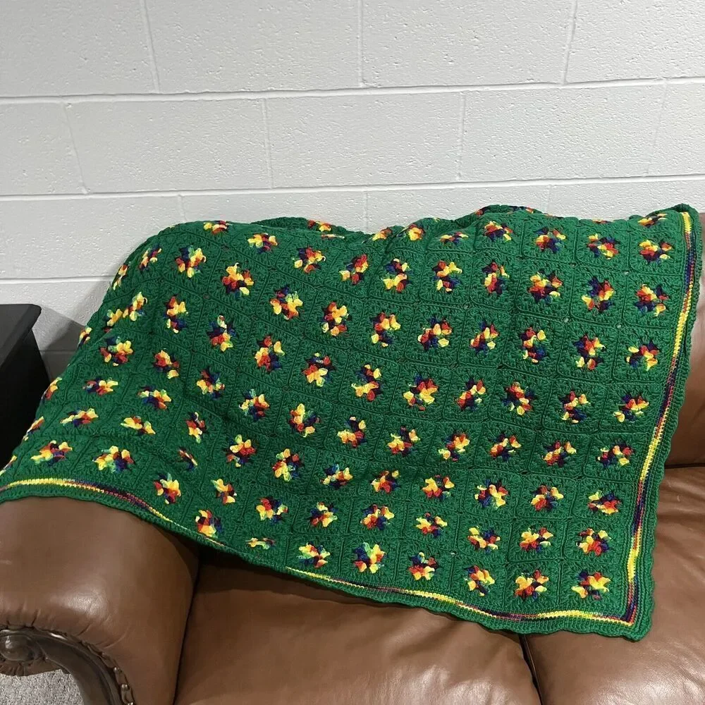 Vintage Rainbow Granny Square Thick Afghan Blanket Crochet 59