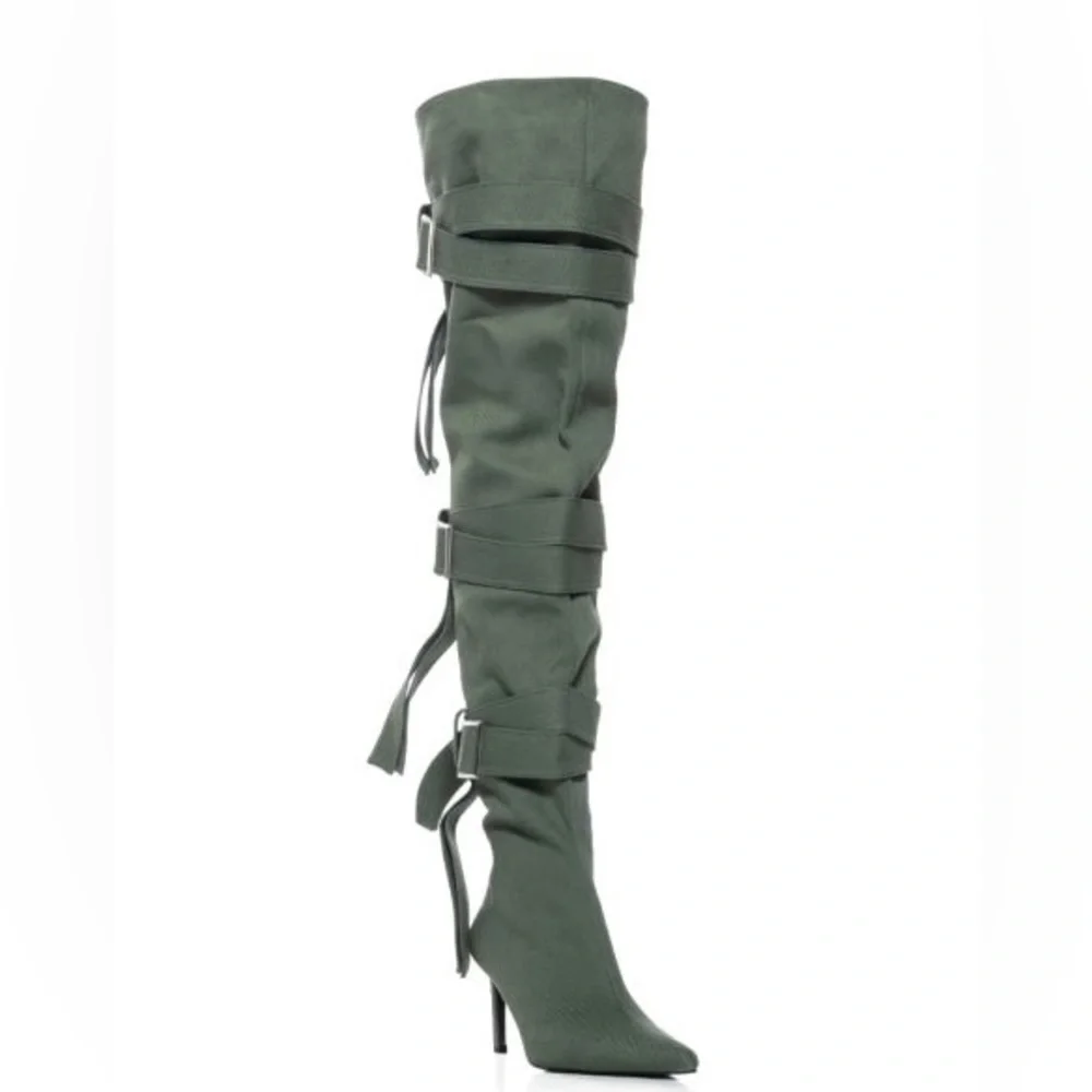 Azalea Wang Green Strappy Utility Thigh High Boot