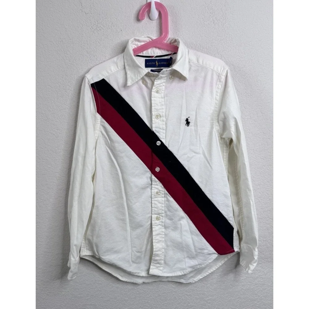 Ralph Lauren‎ Boys 8 Button Down Shirt White Polo Logo Stripe Performance Preppy