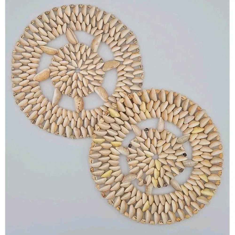 2 Vintage Cowrie Sea Shell Trivet Hot Pads kitchen dinning‎ table protector