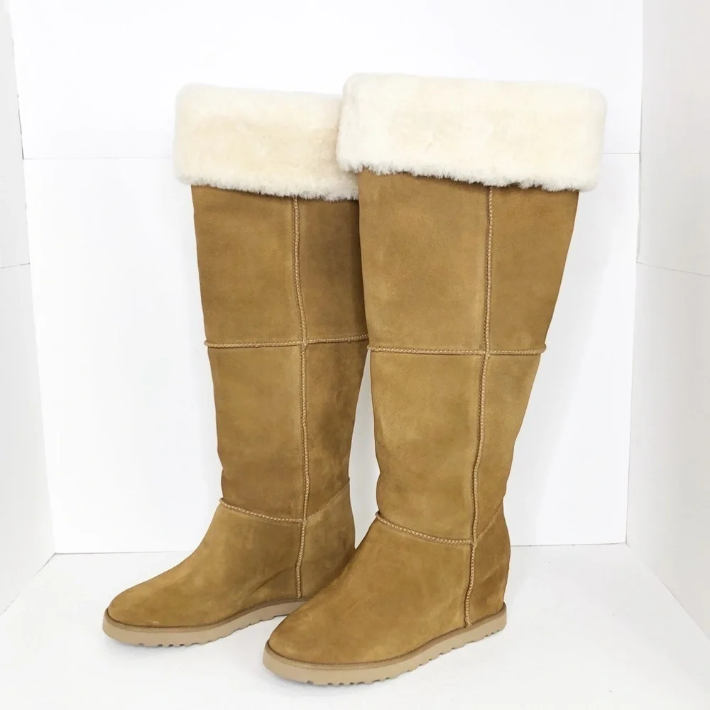 Ugg tall suede fold over wedged heeled boots