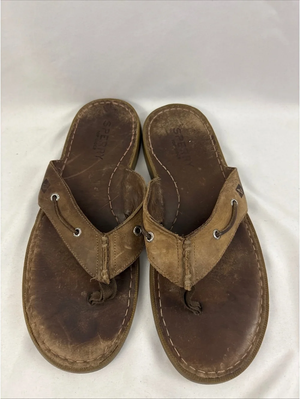 Sperry Top Sider Logo Brown Leather Casual Flip Flop Sandals Shoes Mens 12.5