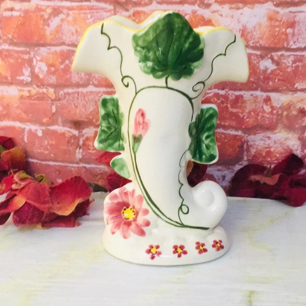 Vintage MCM White Ceramic Floral Fan Vase