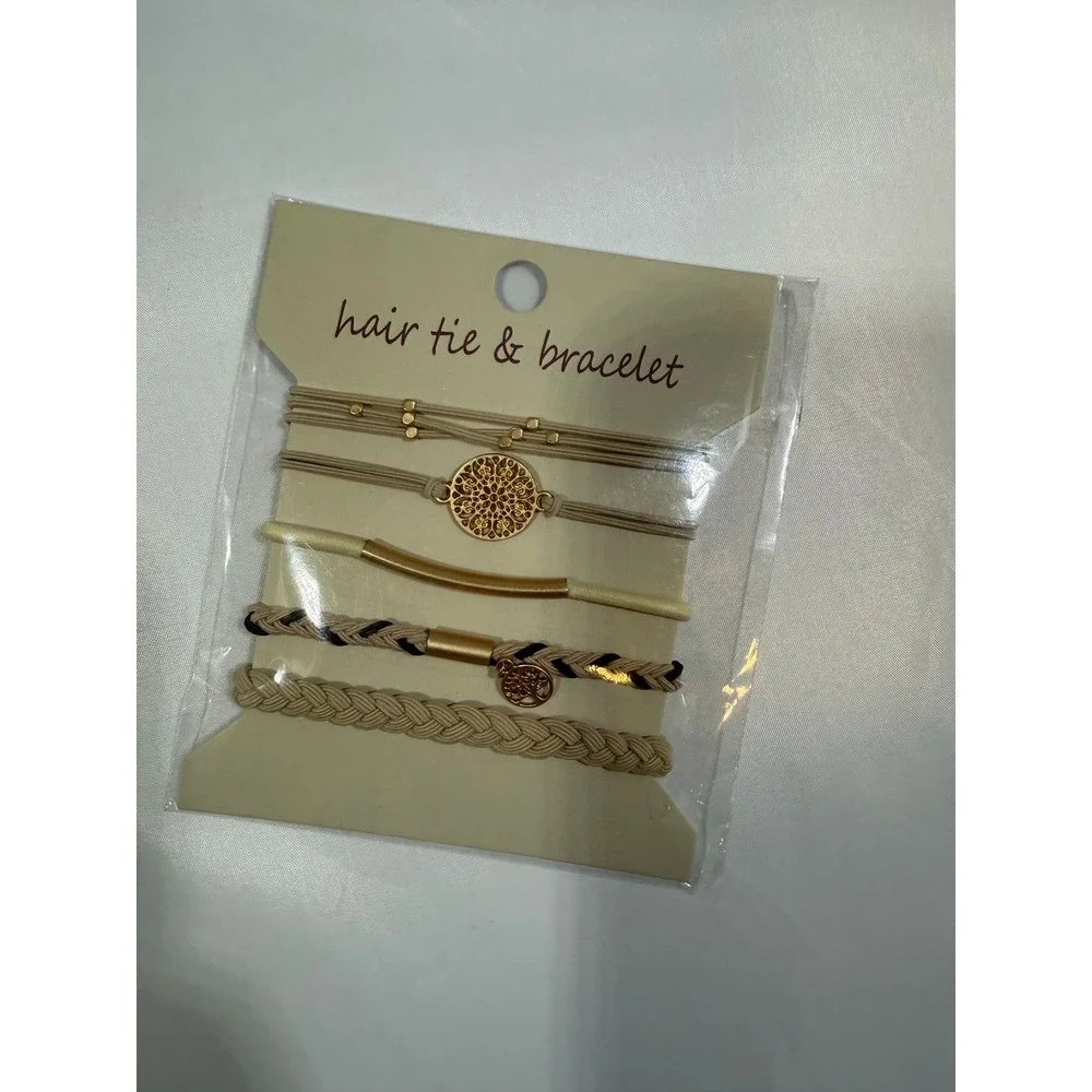 Hair tie, bracelets, cream, and brown with gold accent set of five