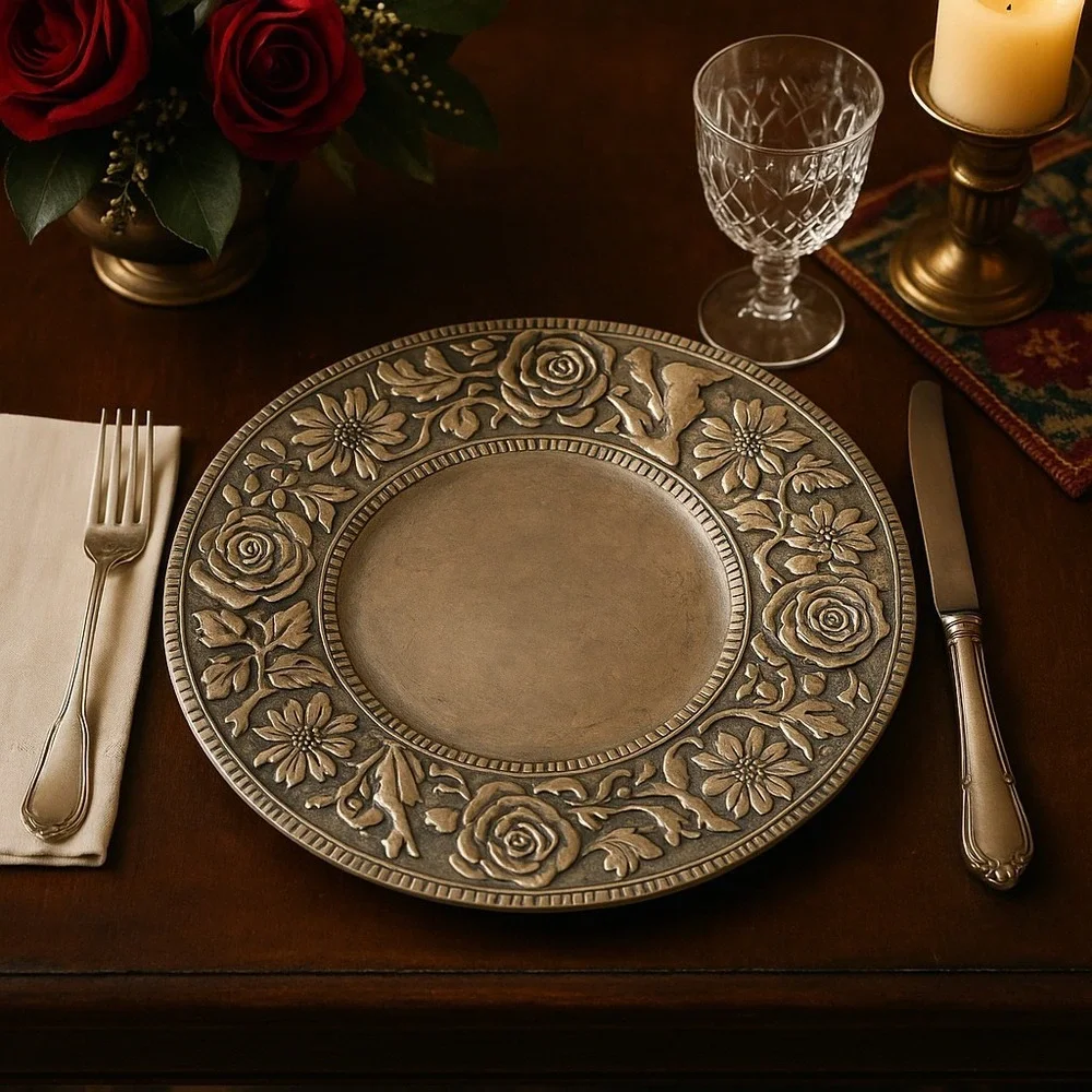 VTG 90s Wilton Armetale Garden Path Charger Plate Floral Bird Embossed Metal USA