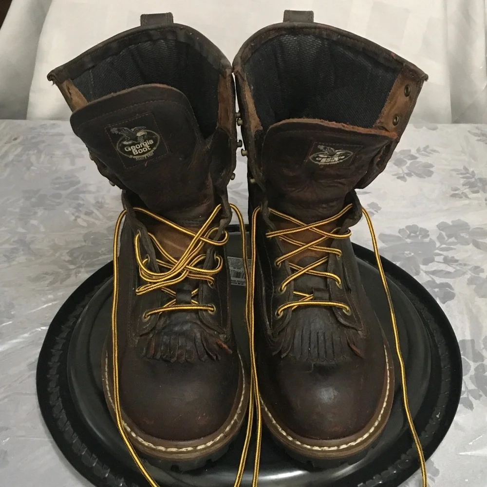 Men’s Georgia Boot  Brown Leather Work Boots with Yellow Laces