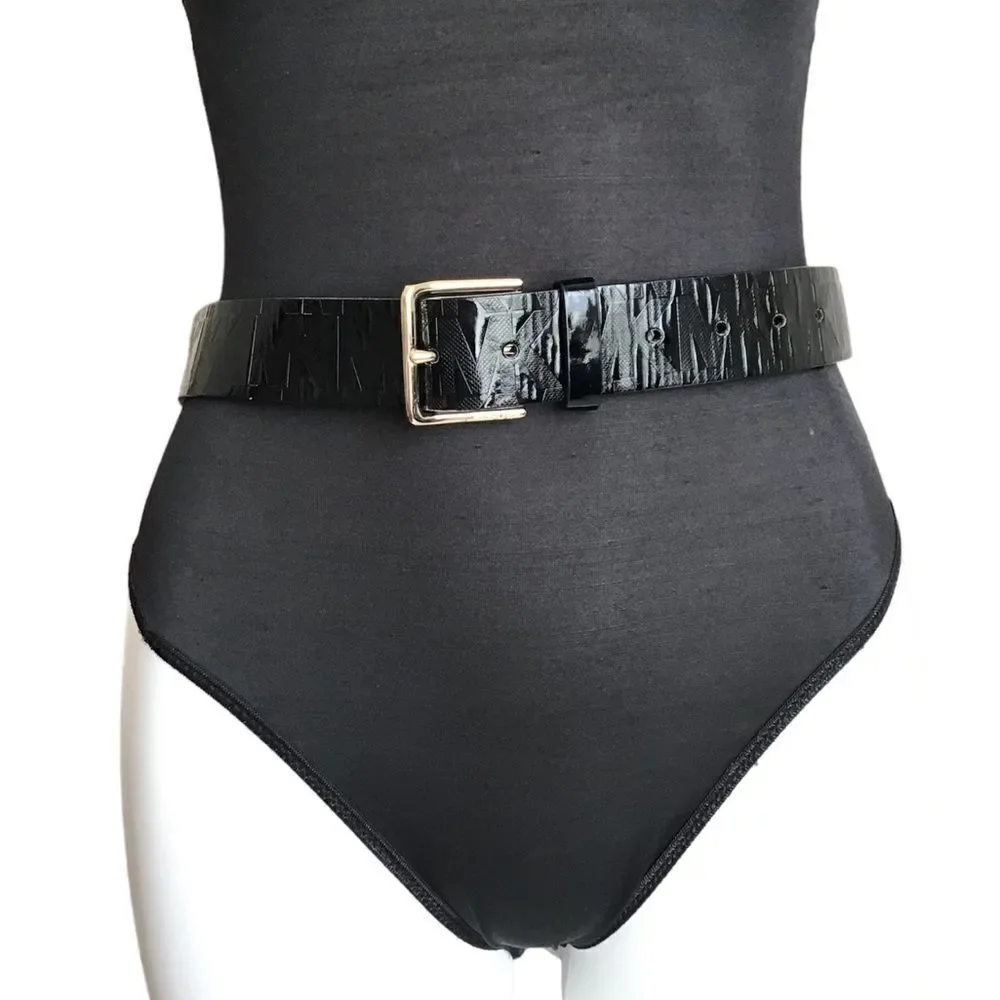 MICHAEL Michael Kors Black Synthetic Patent Leather Logo MK Belt Size Medium