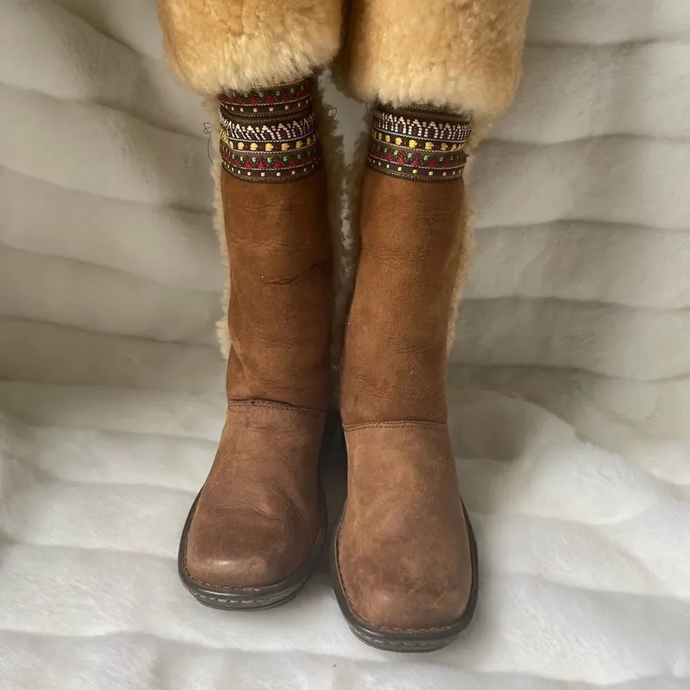 Born leather suede tan boots shearling fur lined multi color ribbon appliqué SZ6