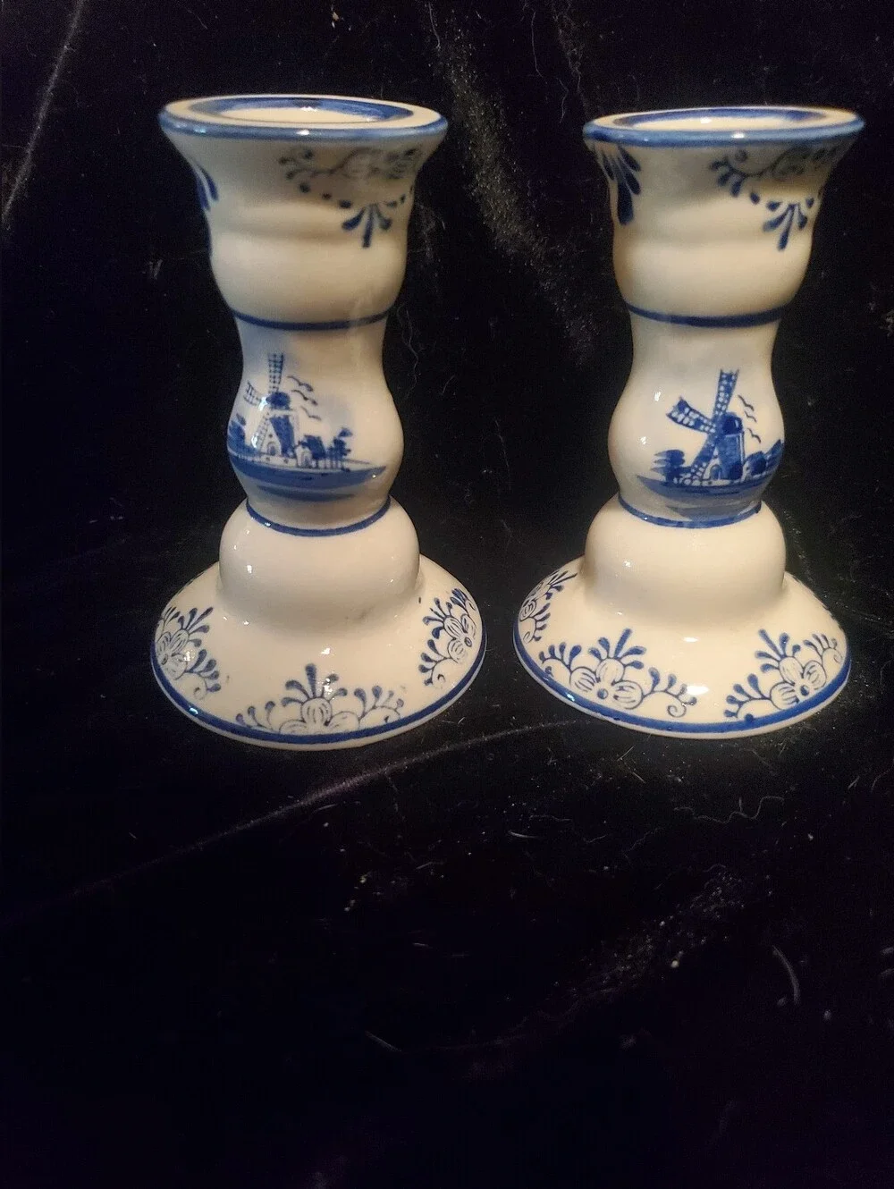 Blue and White Ceramic Candlestick Holders with Windmill Motif