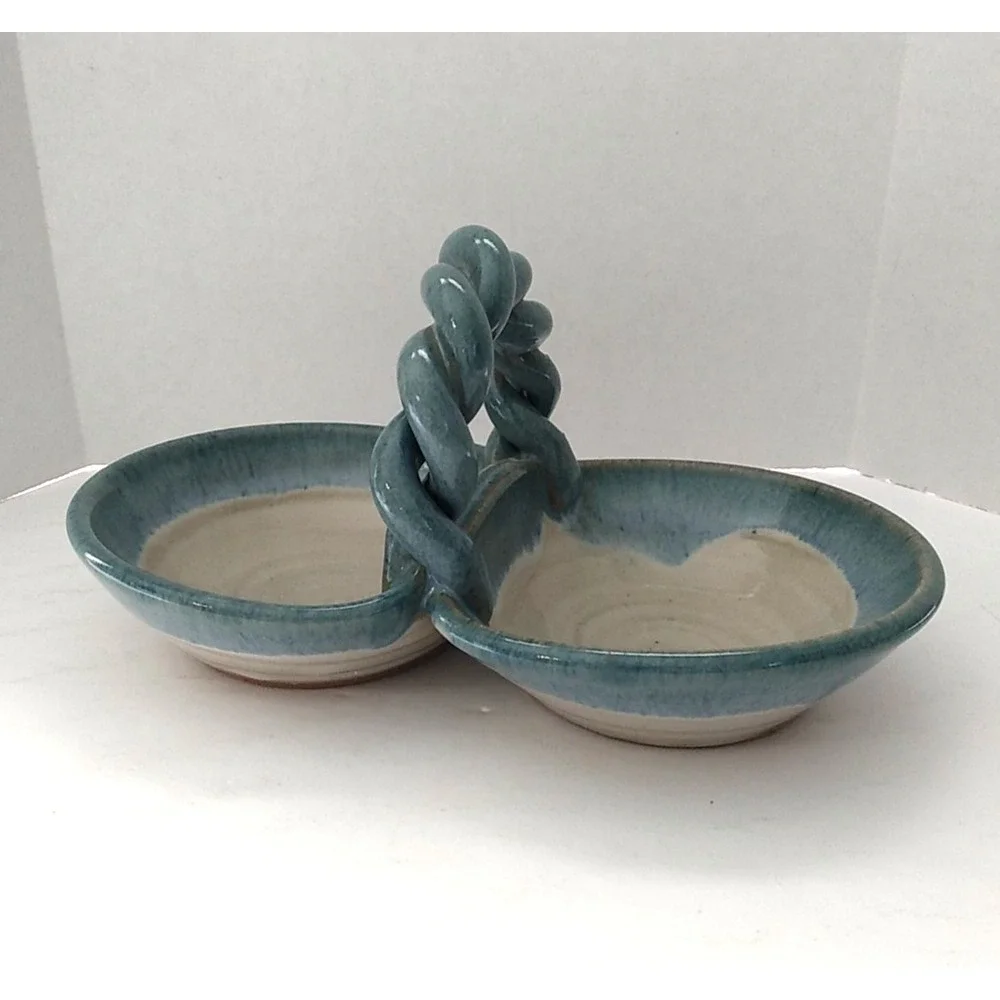 Erik Hertz Pottery double serving dish / trinket holder with handle Blue & Tan