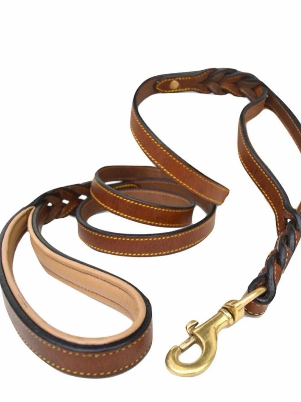 Braided Brown Leather Dog Leash with Brass Snap