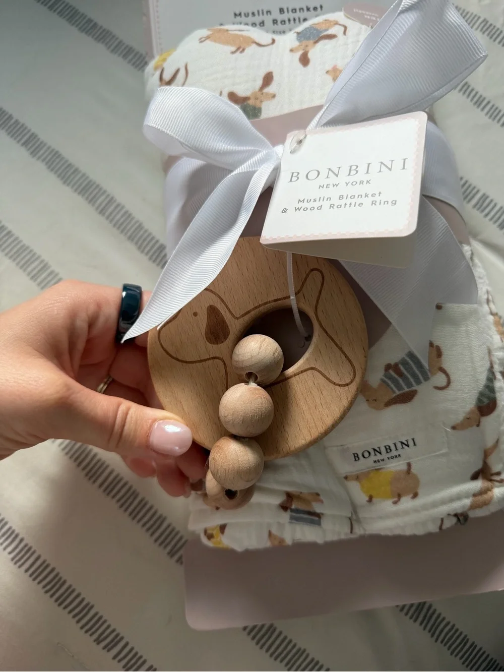 Dachshund Cream Muslin Baby Blanket with Wooden Rattle Ring