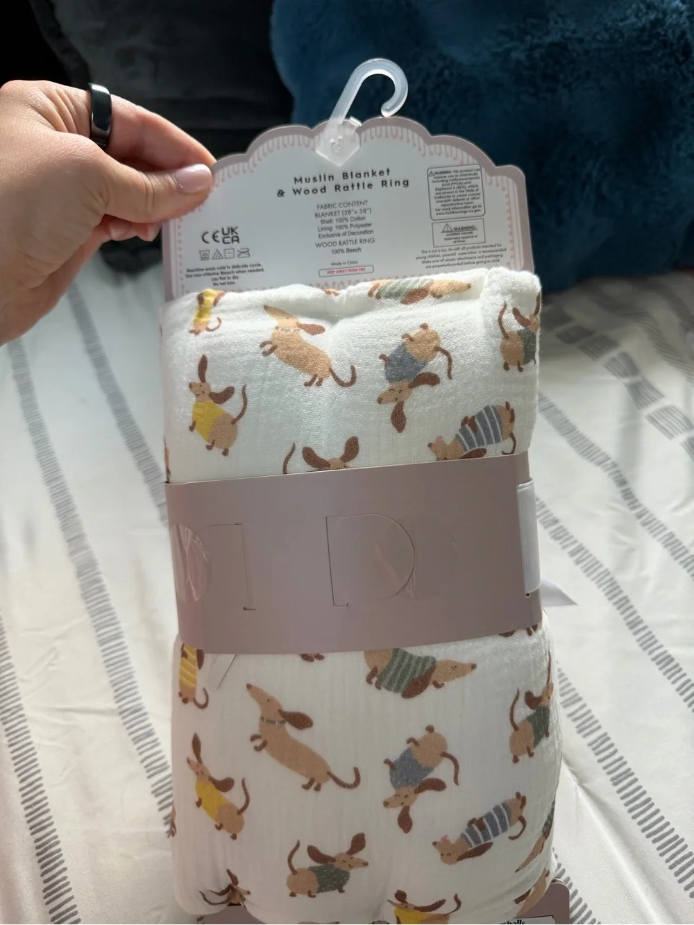 Dachshund Cream Muslin Baby Blanket with Wooden Rattle Ring