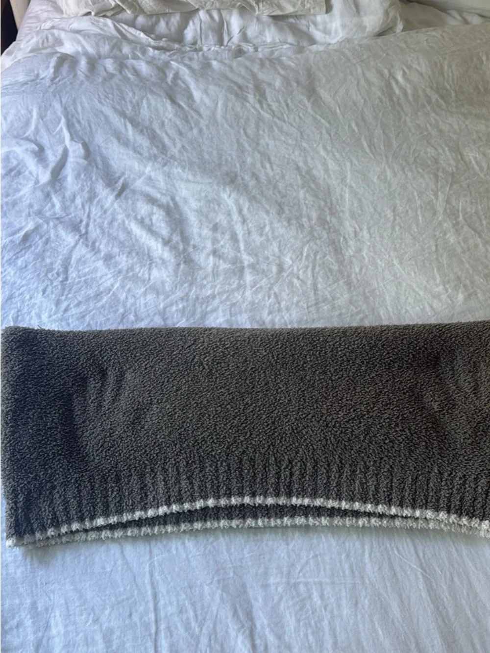 Barefoot Dreams cozy chic grey blanket with white trim