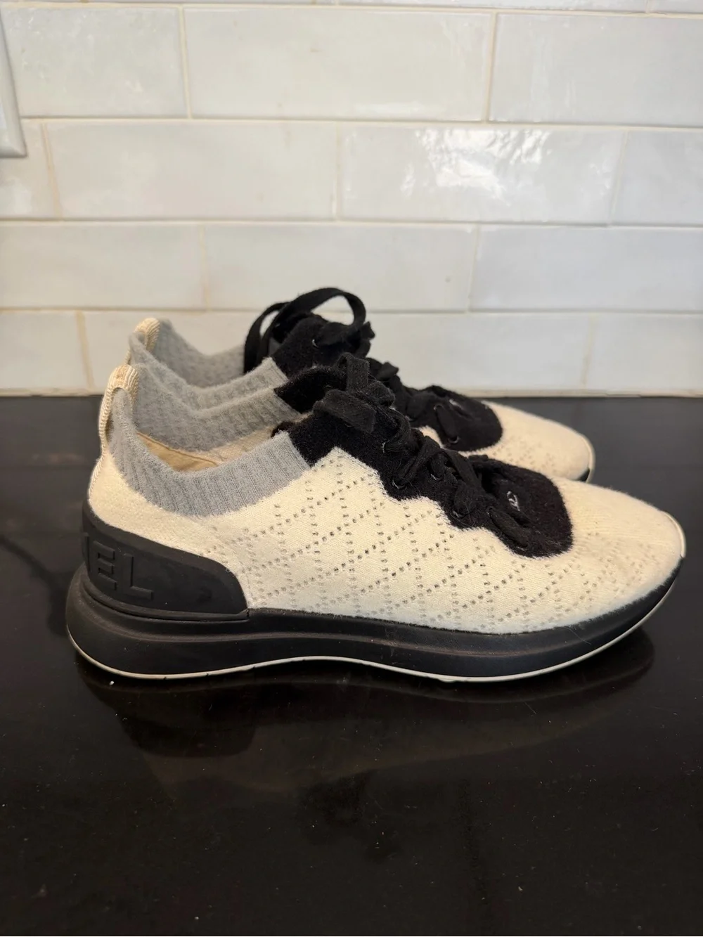 Chanel Women’s Knit Sneakers in Cream and Black