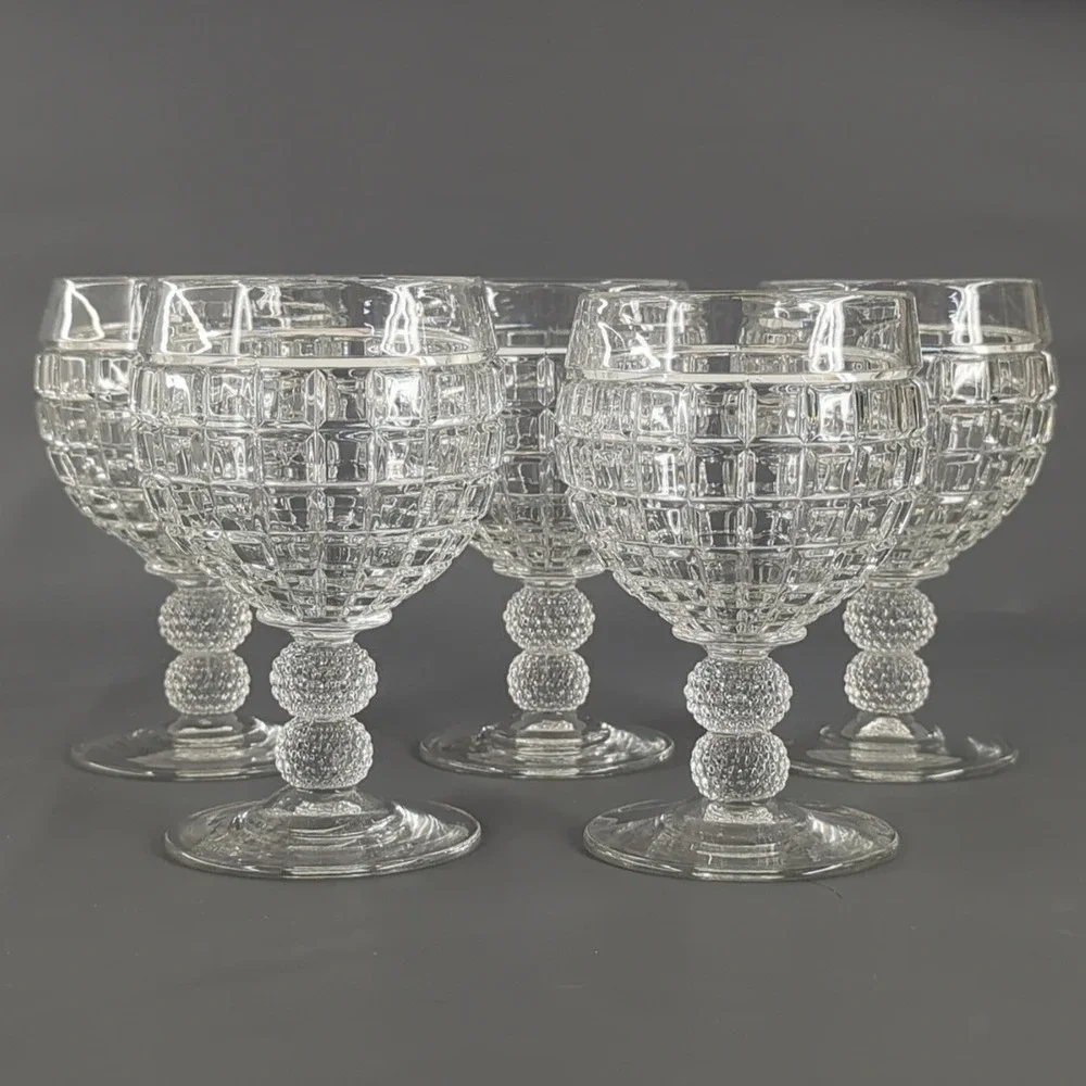 Vintage Waffle Grid Crystal Wine Goblets Double Ball Hobnail Stem Set of 5 Clear