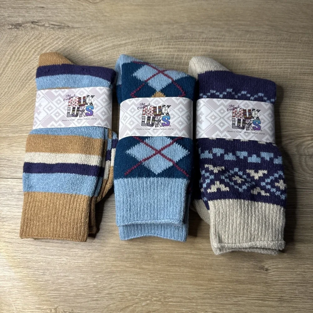 MUK LUKS Crew Socks Women OS Blue Tan 3 Pack‎ Argyle Fair Isle Striped Knit Soft