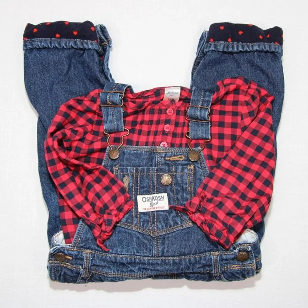 OshKosh Girls Denim Overalls Set 18M Red Plaid Heart Blue Fleece Lined 2pc