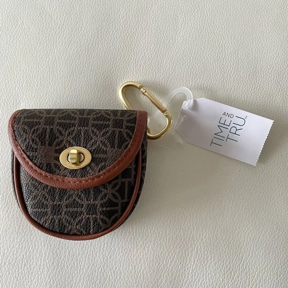 NWT Time & Tru earbuds airpods bag case Wallet with hanging Carabiner Gold Clip