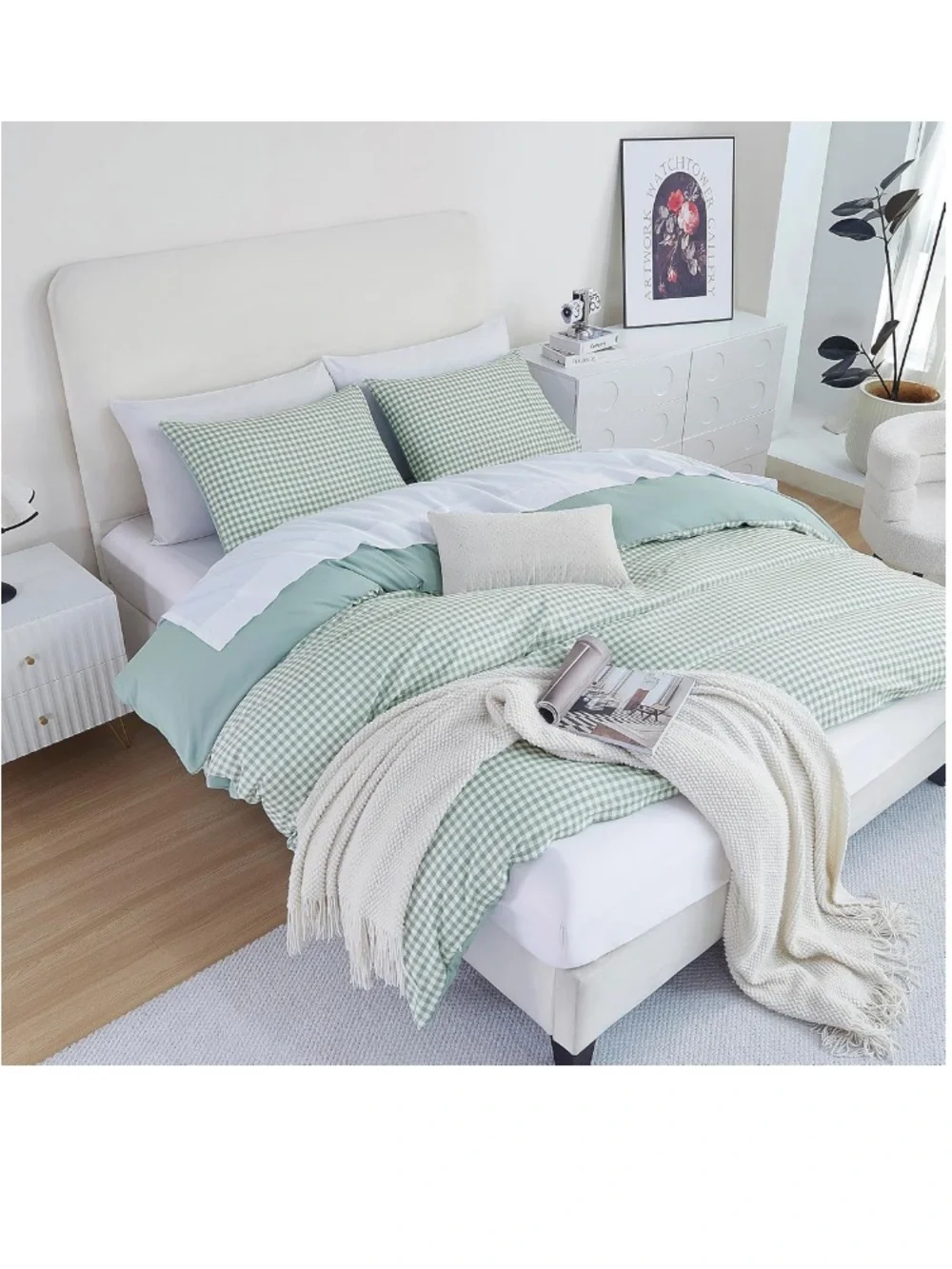 SHABBY CHIC Gingham Comforter Set 100% Polyester ALL SEASON - LIGHT GREEN/WHITE