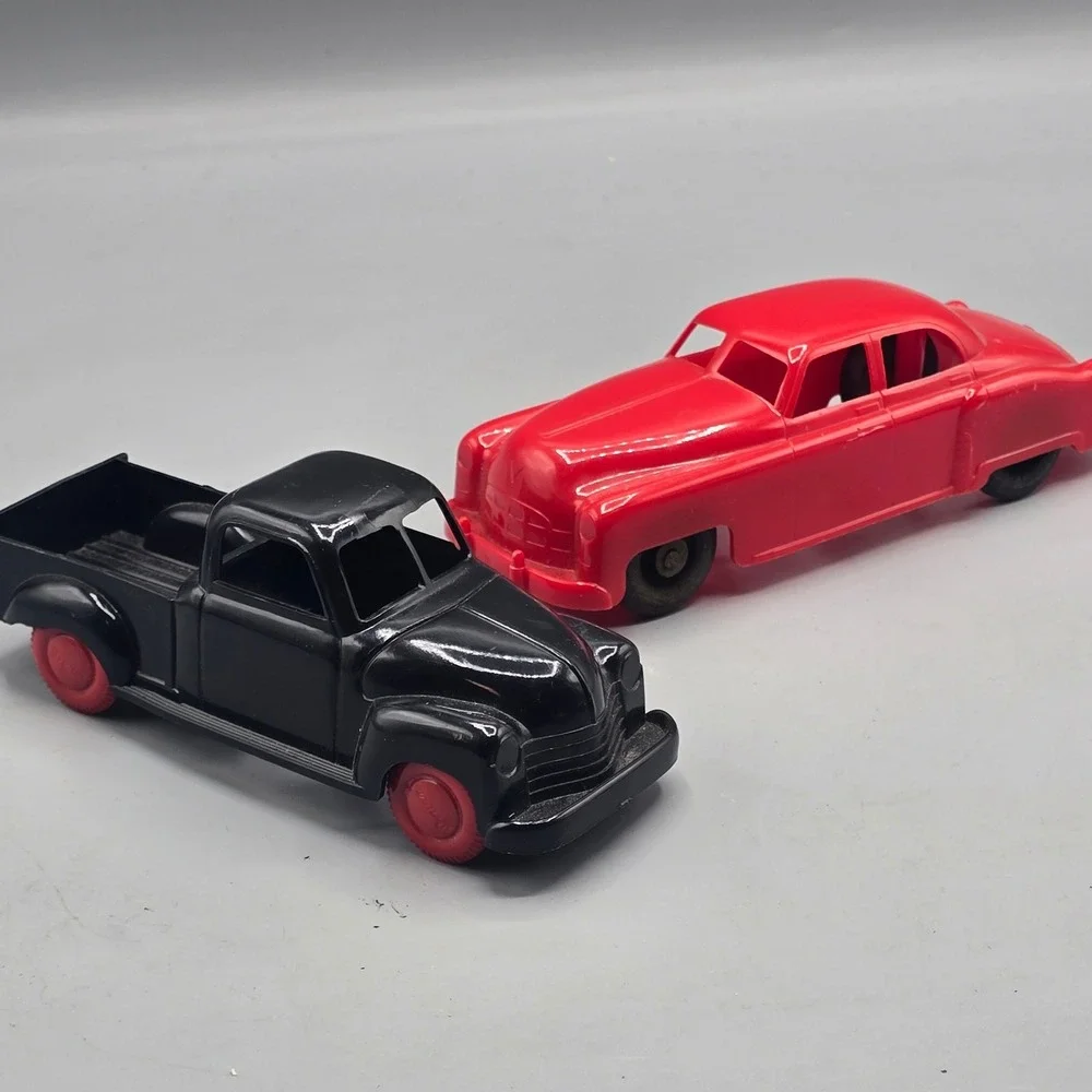 Vintage Irwin Hard Plastic Toy Cars Set Black Pickup Truck and Red Sedan