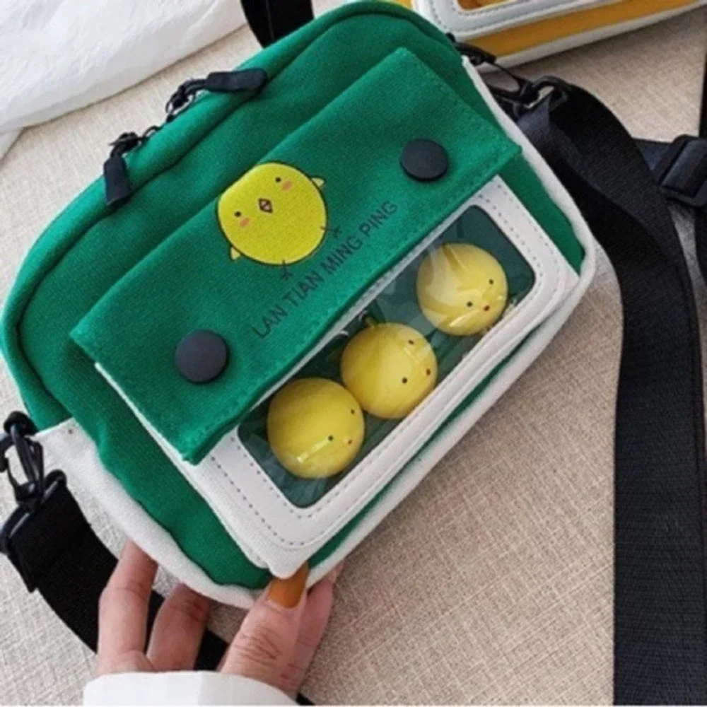 Green Canvas Messenger Shoulder Bag with Stress Relief Chicken Toy Cute‎ Satche