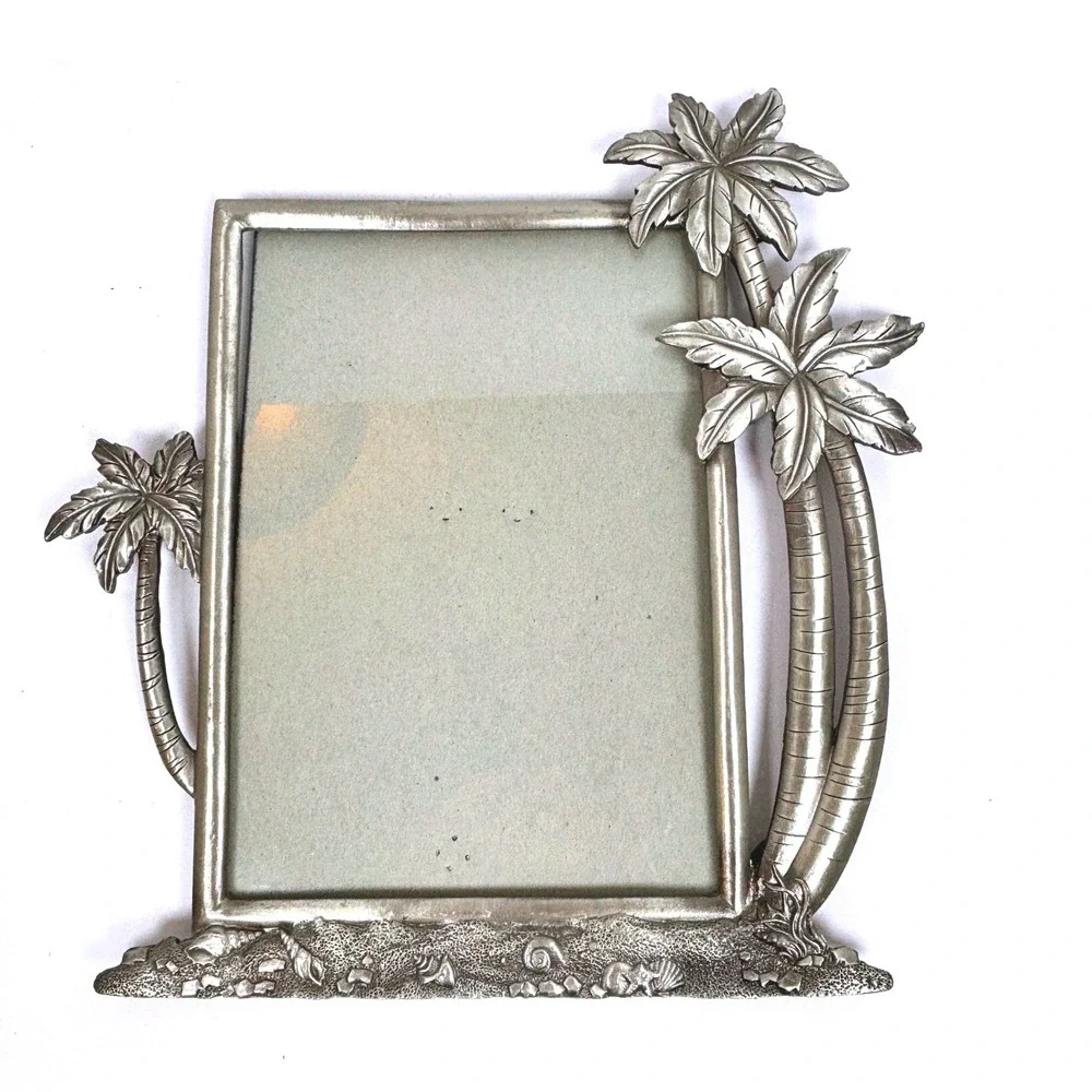 Vtg 90s Pewter Tone Tropical Beach Photo Frame Palm Trees Seashells Coastal 4x6