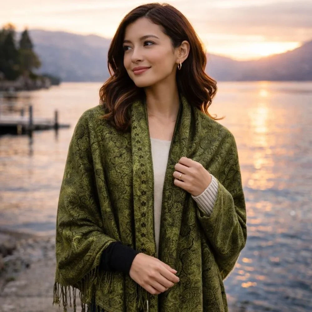 🌿 Vintage-Inspired Olive Green Paisley Pashmina Scarf / Wrap