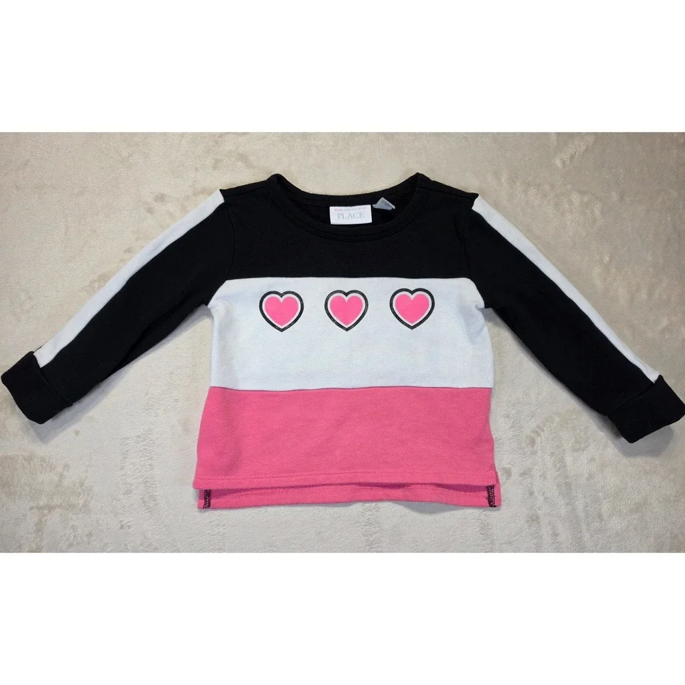 The‎ Childrens Place Girls Heart Colorblock Fleece Sweatshirt Pink Black 18-24M