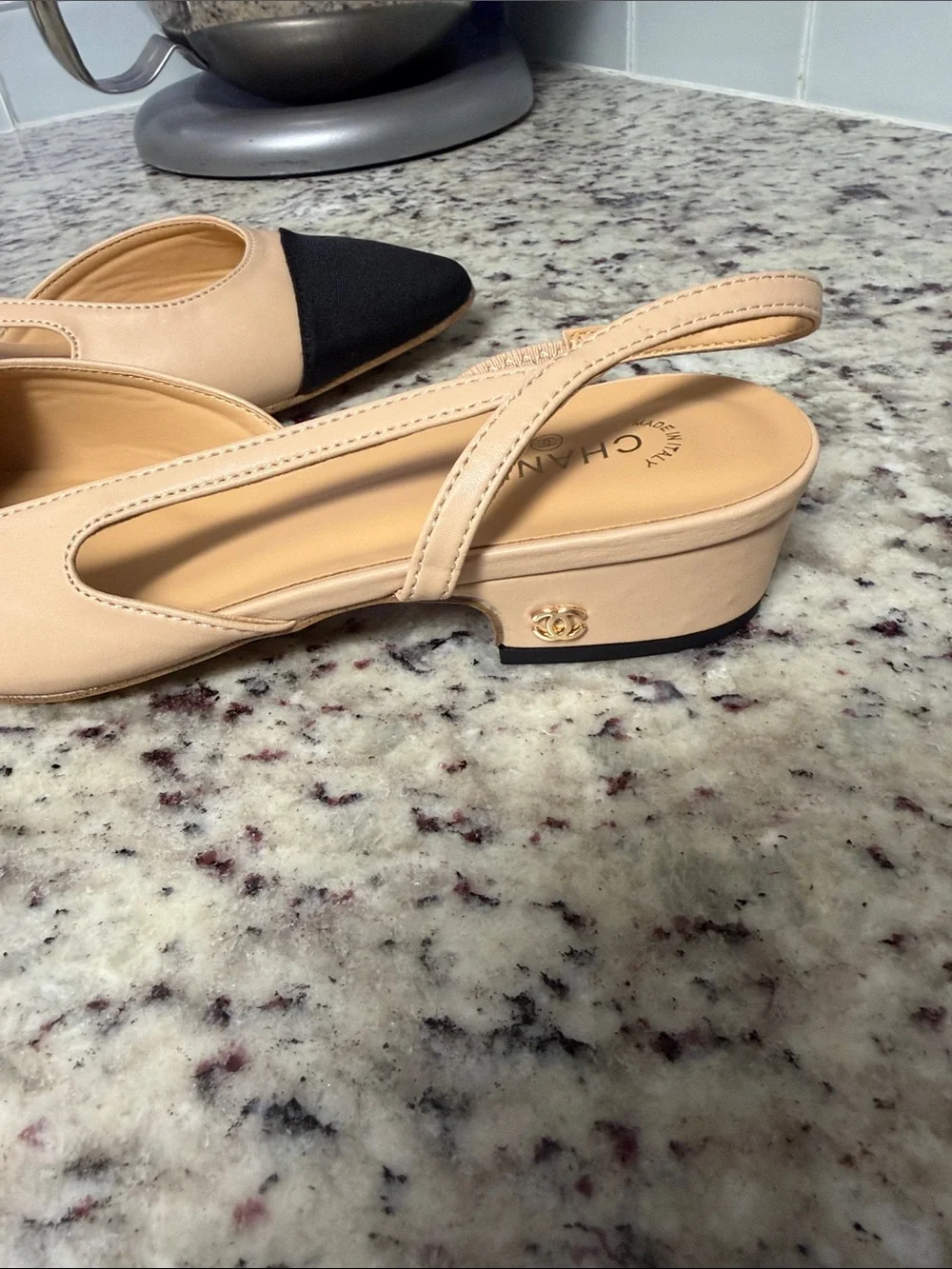 CHANEL Nude and Black Cap Toe Slingback Flats