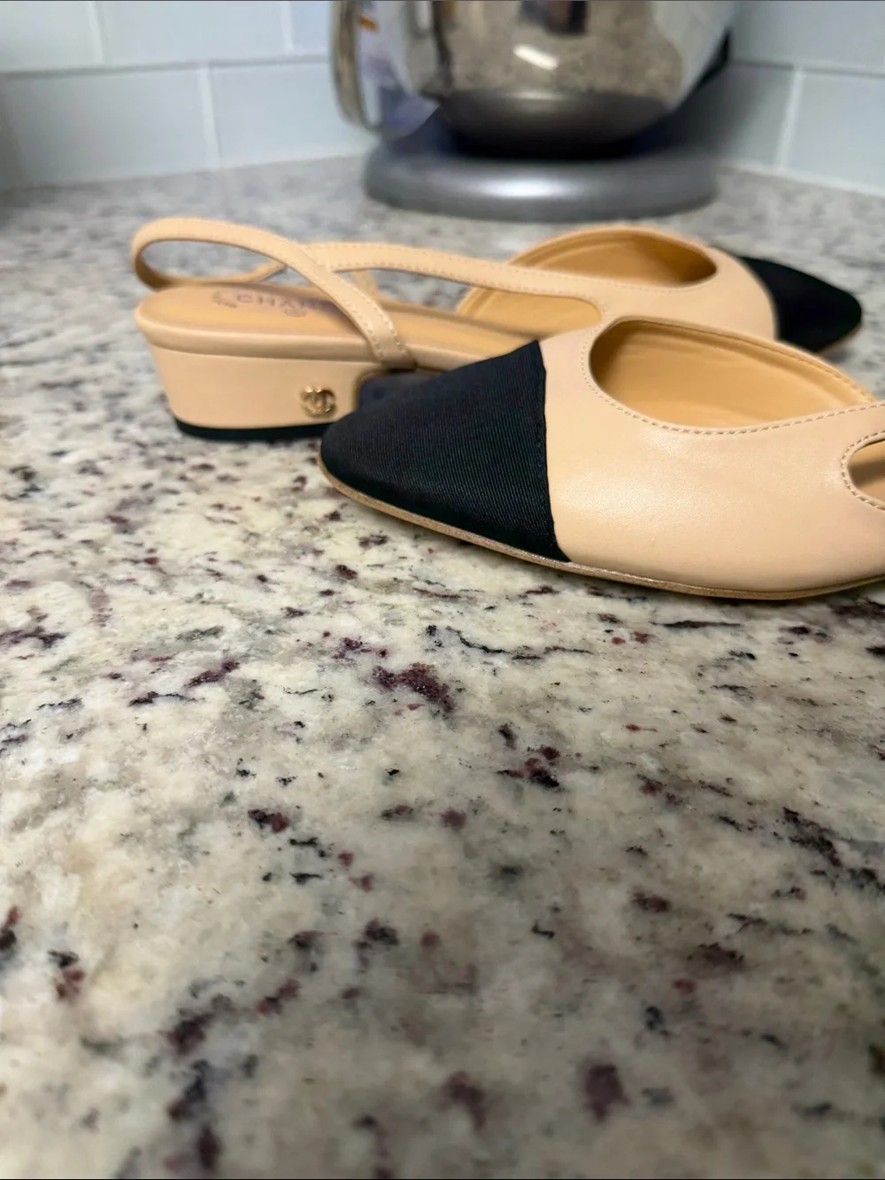 CHANEL Nude and Black Cap Toe Slingback Flats