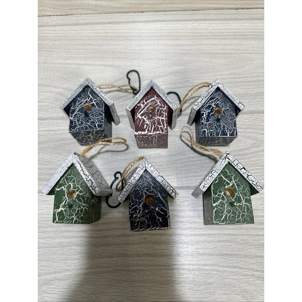 Blue, Red, Green Wood Birdhouse Christmas Ornament Snow Top 2x2.5x3