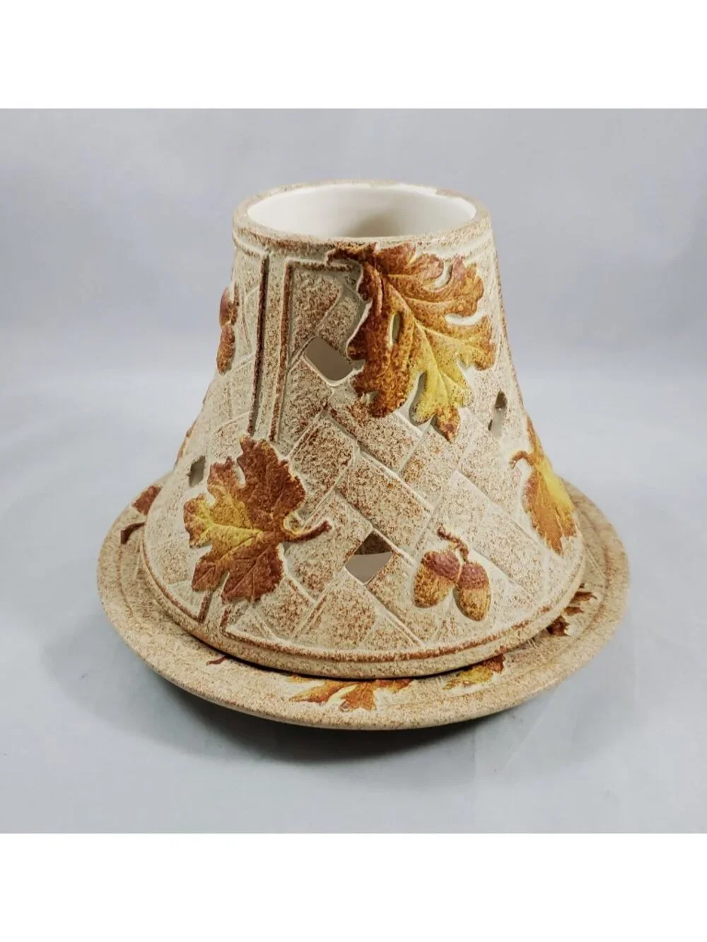 Yankee Candle Fall Autumn Acorn Leaf Cutout Lg Jar Shade Topper Plate Stoneware