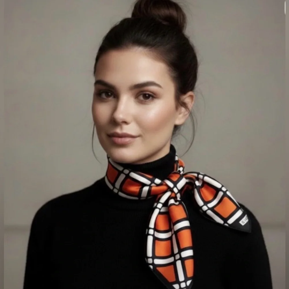 Vintage GIVENCHY Scarf - 100% Silk Orange & Black Block Scarf Saks Fifth Avenue