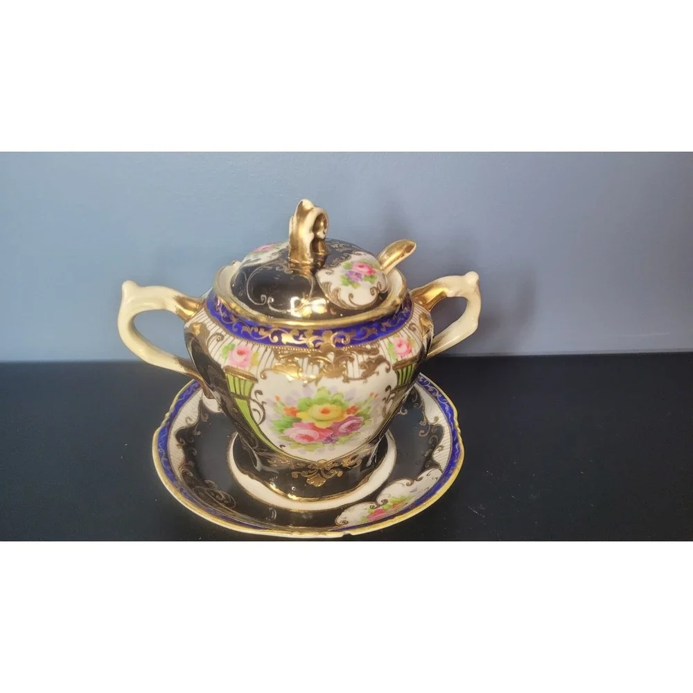 Antique Nippon Condiment Bowl Attached Underplate Hand Painted & Gilded No Spoon